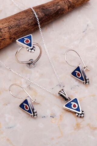 Antik Mozaik İşlemeli Lapis Lazuli Taşlı Gümüş Set 2641