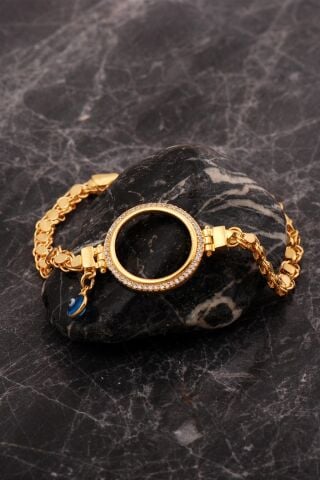 Çeyrek Çerçeveli Nazar Boncuklu Altın Kaplama Pullu Arpa Zincir Gümüş Bileklik 4762