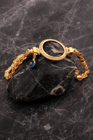 Çeyrek Çerçeveli Nazar Boncuklu Altın Kaplama Pullu Arpa Zincir Gümüş Bileklik 4762