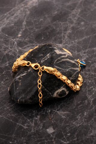 Çeyrek Çerçeveli Nazar Boncuklu Altın Kaplama Pullu Arpa Zincir Gümüş Bileklik 4762