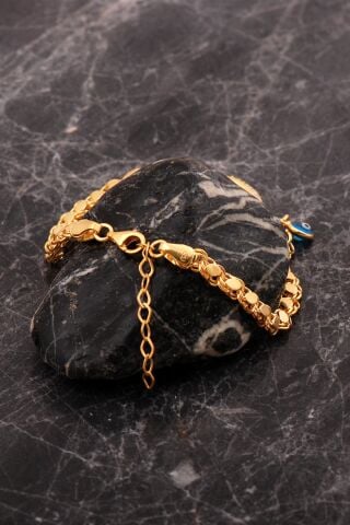 Çeyrek Çerçeveli Nazar Boncuklu Altın Kaplama Pullu Arpa Zincir Gümüş Bileklik 4762