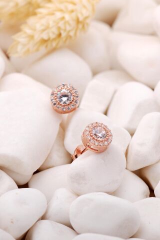 Elmas Montürlü Rose Gümüş Küpe 5570