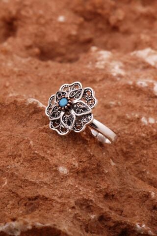 Firuze Taşlı Telkari Gümüş Çiçek Yüzük 5812