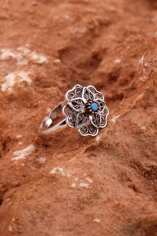Firuze Taşlı Telkari Gümüş Çiçek Yüzük 5812