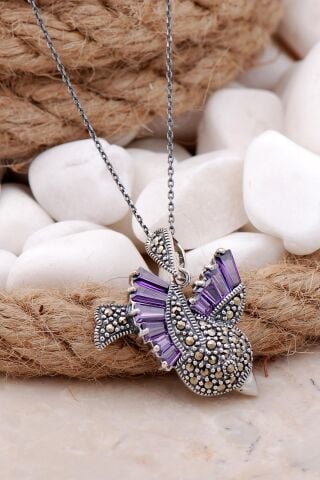 Ametist ve Markazit Taşlı Kuş Gümüş Kolye 7631