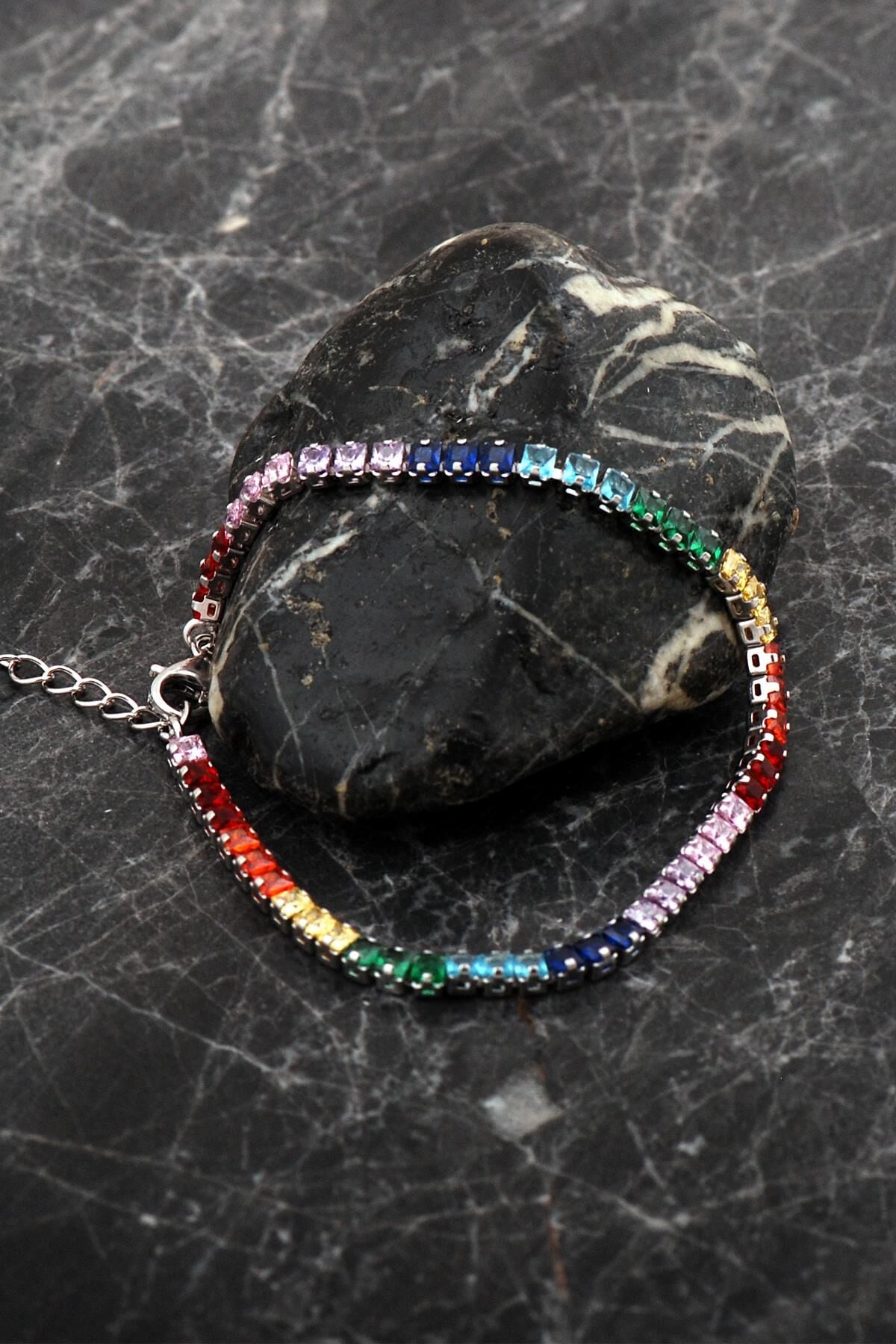 Baget Su Yolu Renkli Taşlı Rodyumlu Gümüş Bileklik 4763