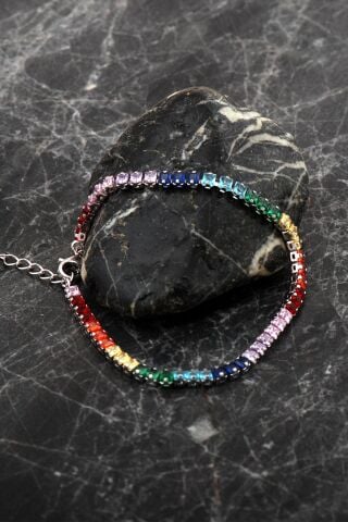 Baget Su Yolu Renkli Taşlı Rodyumlu Gümüş Bileklik 4763