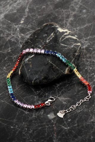 Baget Su Yolu Renkli Taşlı Rodyumlu Gümüş Bileklik 4763