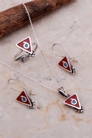 Antik Mozaik İşlemeli Mercan Taşlı Gümüş Set 2642