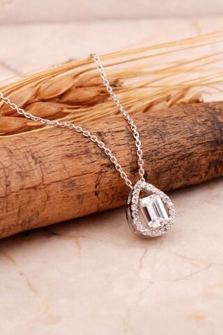 Baget Damla Rodyumlu Gümüş Kolye 7728