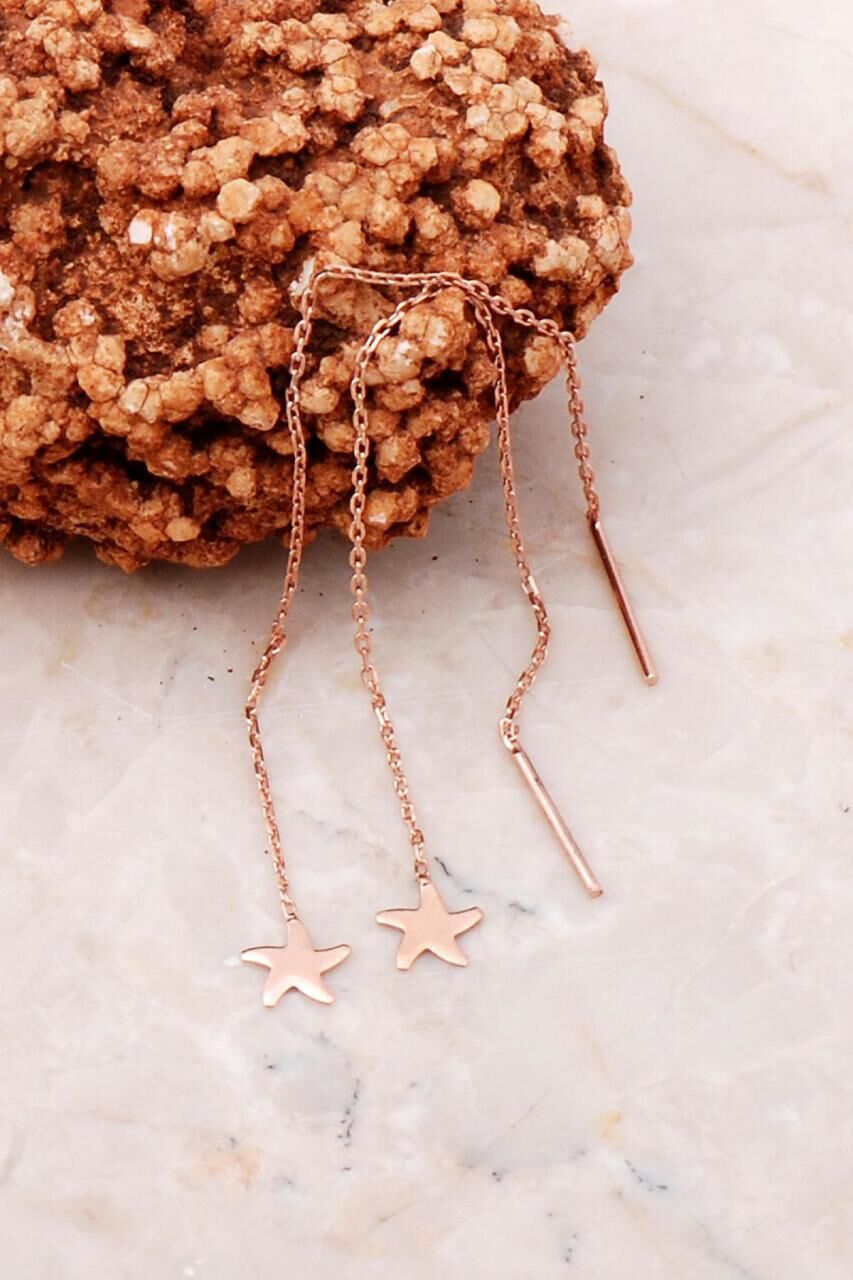 Deniz Yıldızı Rose Gümüş Zincir Küpe 5195