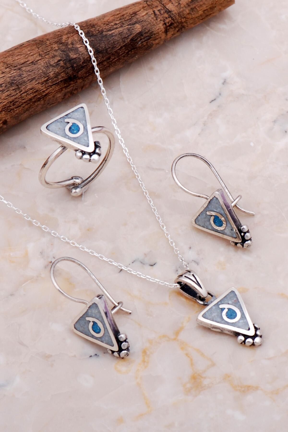 Antik Mozaik İşlemeli Sedef Taşlı Gümüş Set 2643