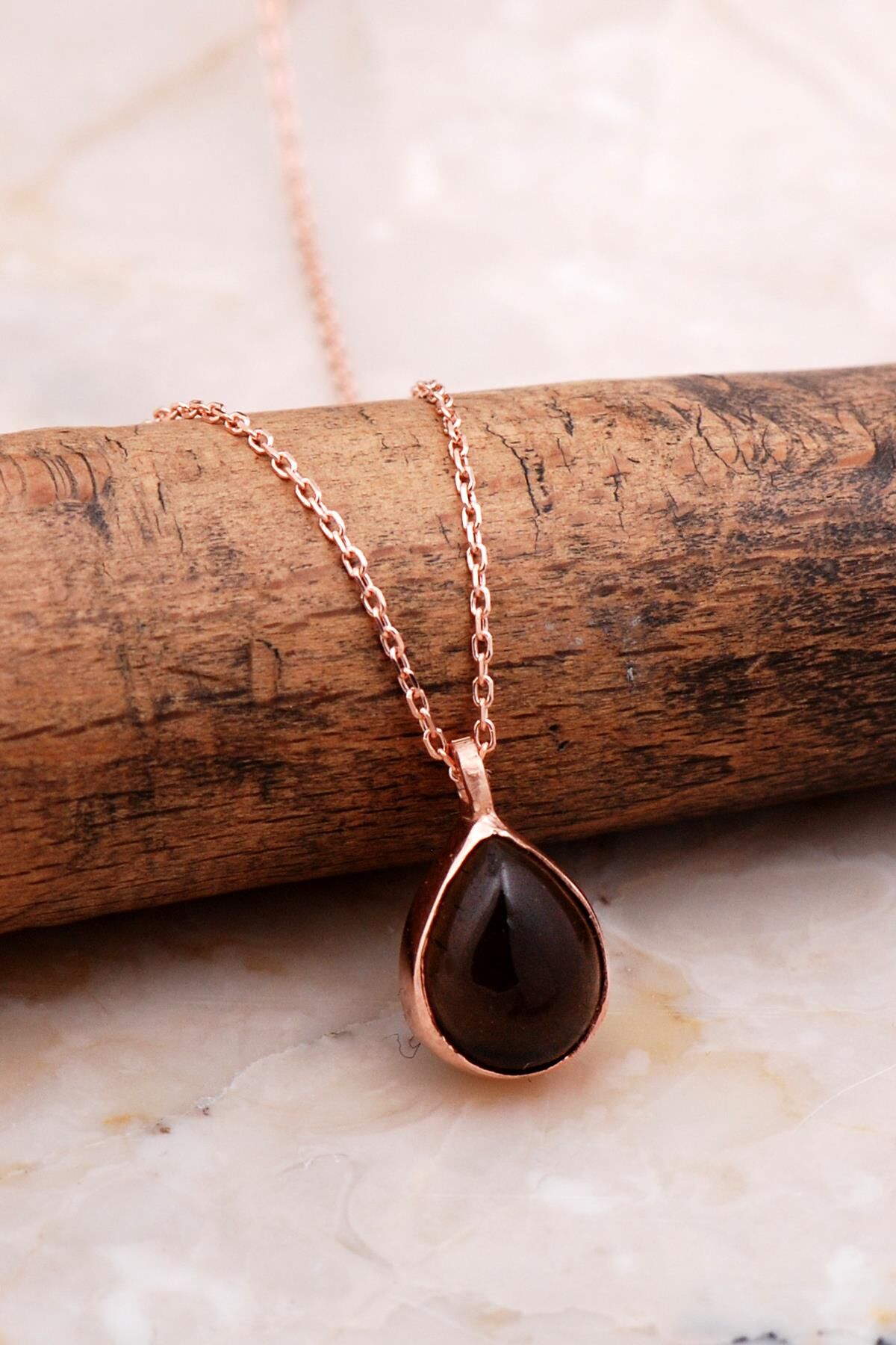 Doğal Smoky Taşlı Mini Damla Rose Gümüş Kolye 7729