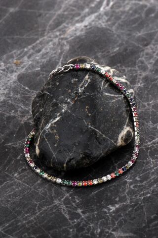 Su Yolu Renkli Taşlı Rodyumlu İnce Gümüş Bileklik 4765