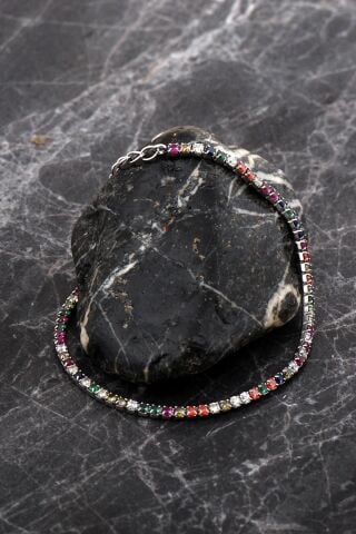 Su Yolu Renkli Taşlı Rodyumlu İnce Gümüş Bileklik 4765