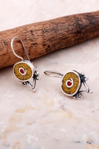 Antik Mozaik İşlemeli Sarı Kuvars Taşlı Gümüş Küpe 6077