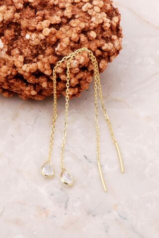 Damla Taşlı Altın Yaldızlı Gümüş Zincir Küpe 5206