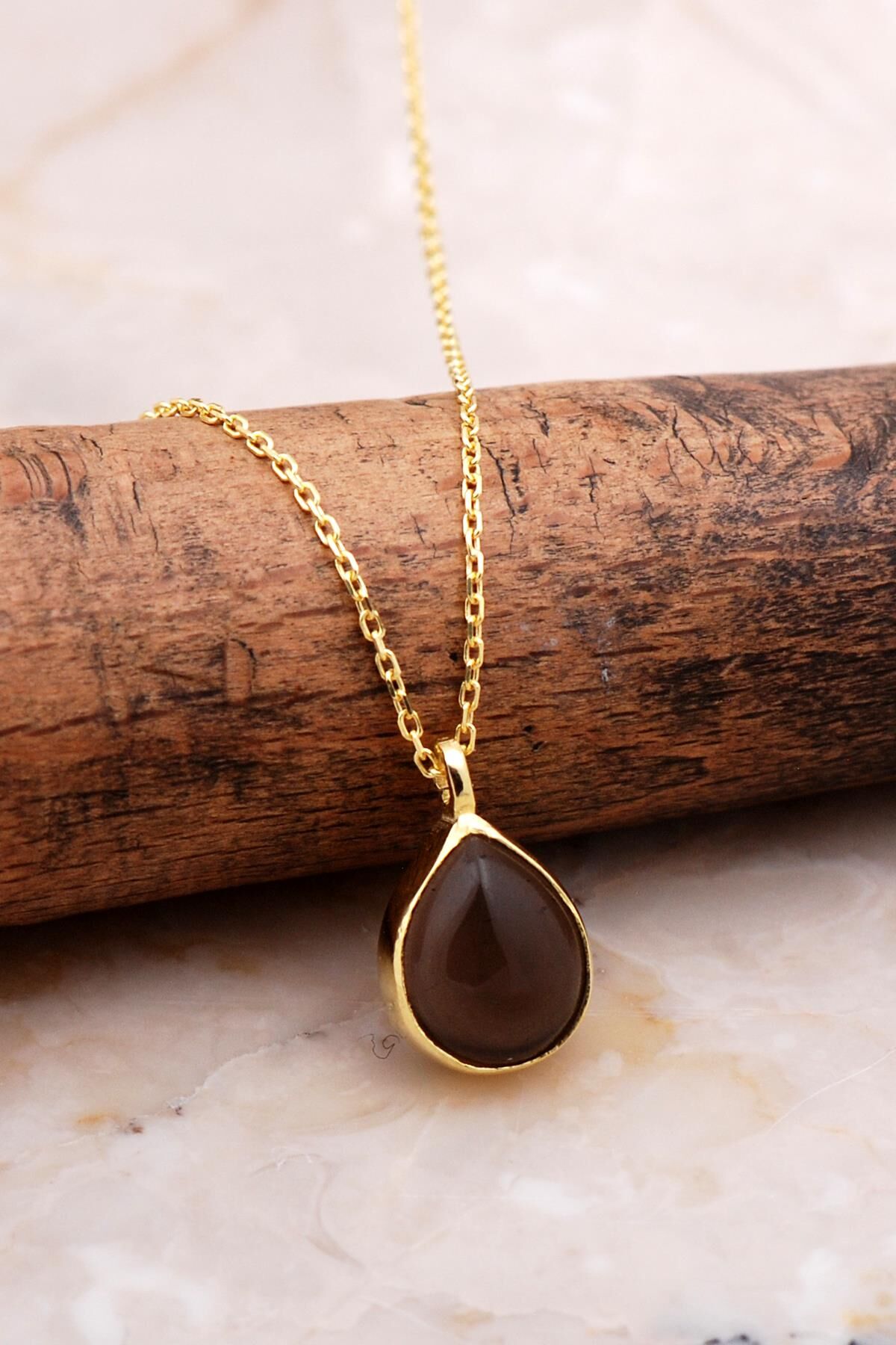 Doğal Smoky Taşlı Damla Mini Altın Yaldızlı Gümüş Kolye 7730