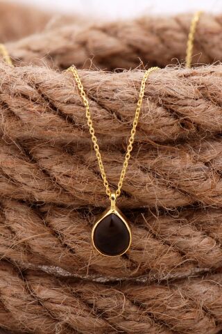 Doğal Smoky Taşlı Damla Mini Altın Yaldızlı Gümüş Kolye 7730