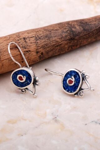 Antik Mozaik İşlemeli Lapis Lazuli Taşlı Gümüş Küpe 6078