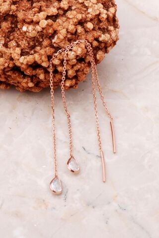 Damla Taşlı Rose Gümüş Zincir Küpe 5207