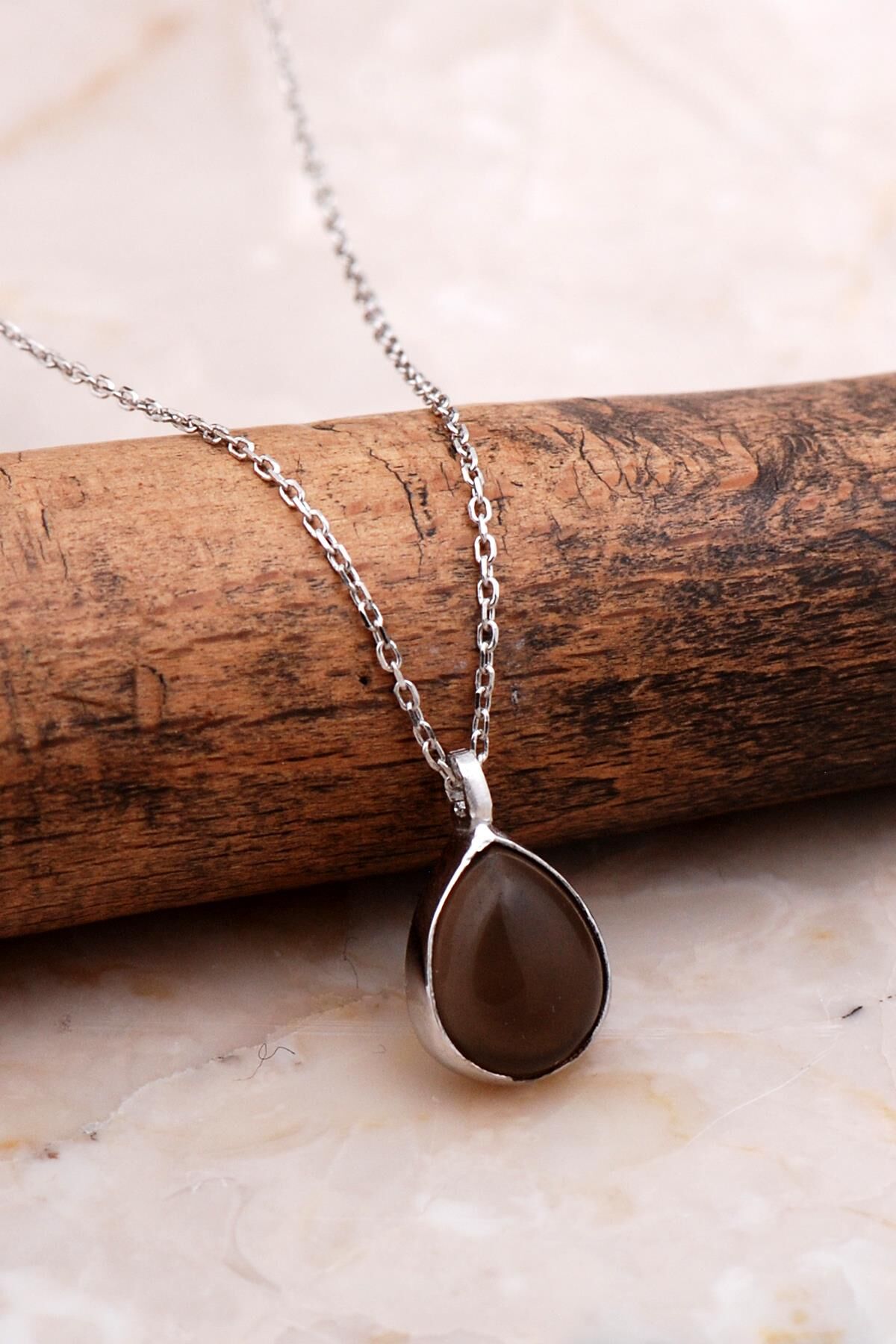 Doğal Smoky Taşlı Damla Mini Rodyumlu Gümüş Kolye 7731