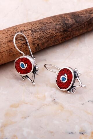 Antik Mozaik İşlemeli Mercan Taşlı Gümüş Küpe 6079