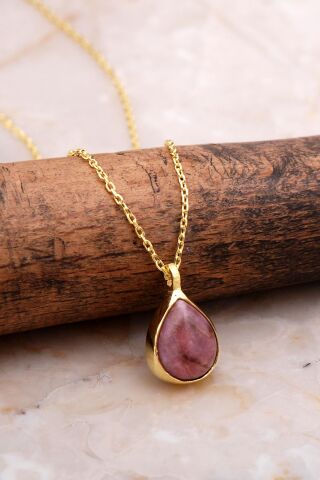 Doğal Rodonit Taşlı Damla Mini Altın Yaldızlı Gümüş Kolye 7732