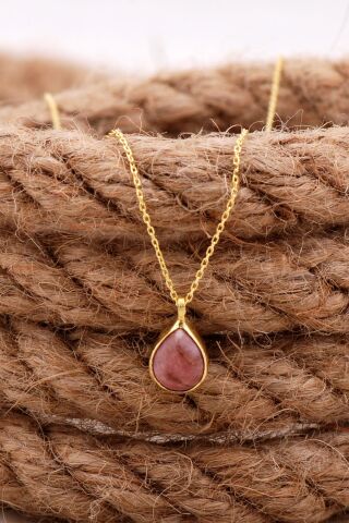 Doğal Rodonit Taşlı Damla Mini Altın Yaldızlı Gümüş Kolye 7732