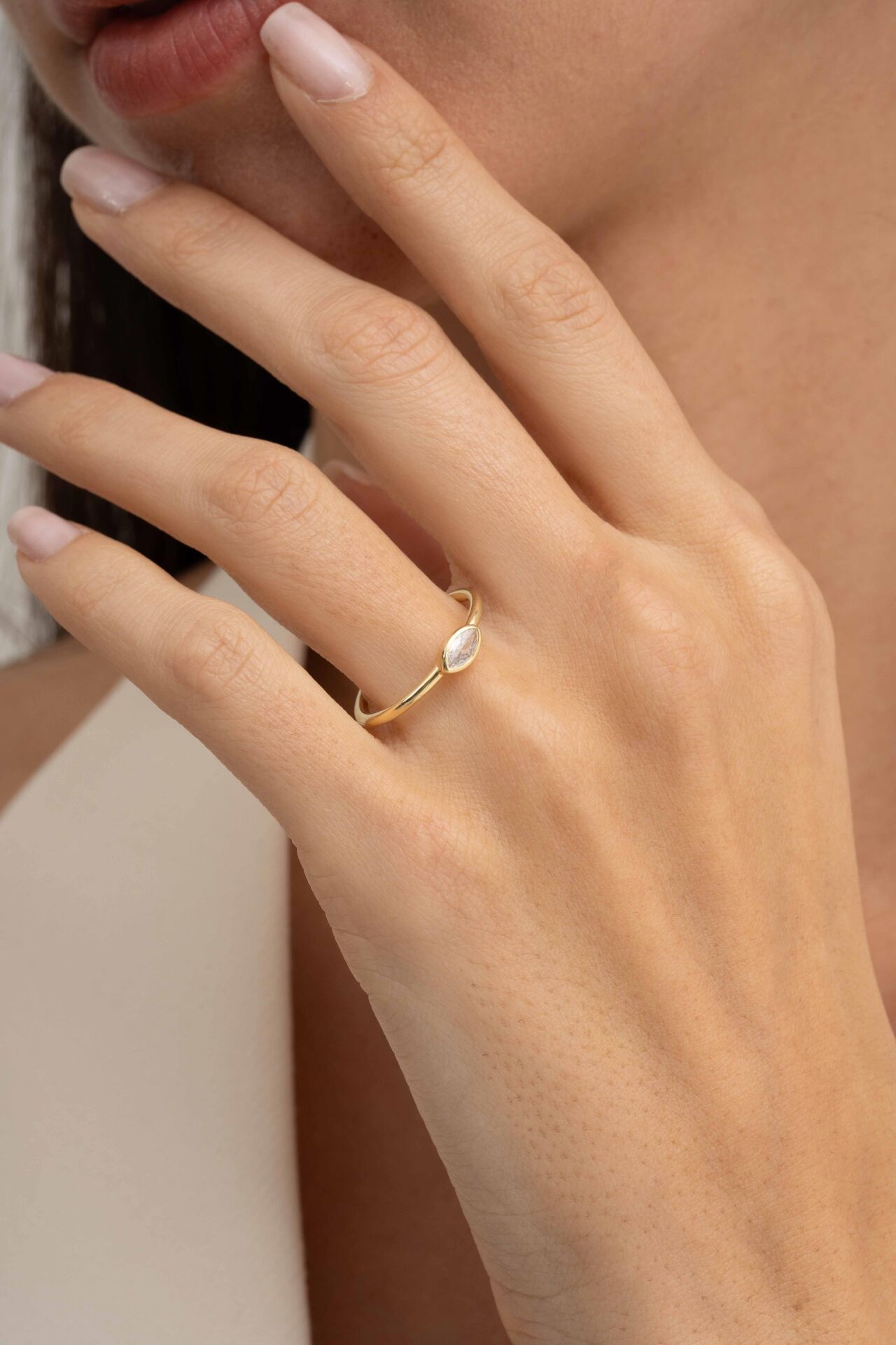 Markiz Taşlı Altın Kaplama Gümüş İnce Yüzük 5946