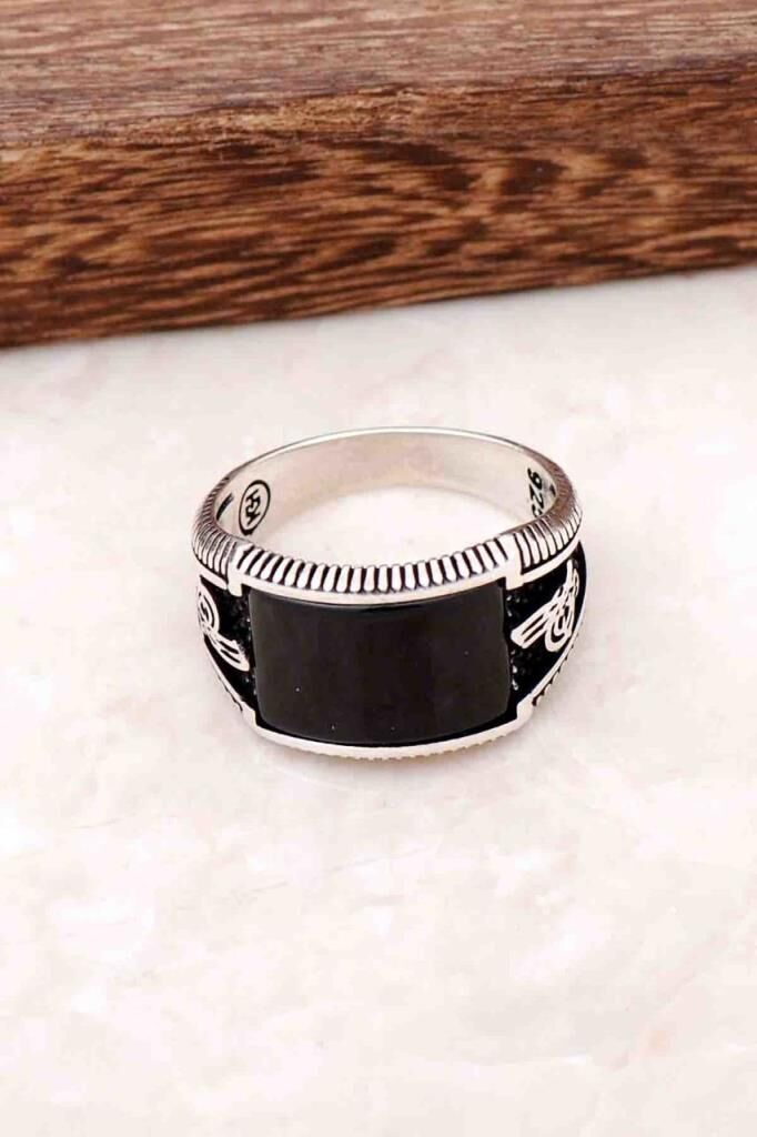 Oniks Taşlı Osmanlı Tuğralı Gümüş Erkek Yüzük 695