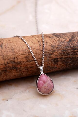 Doğal Rodonit Taşlı Damla Mini Rodyumlu Gümüş Kolye 7733