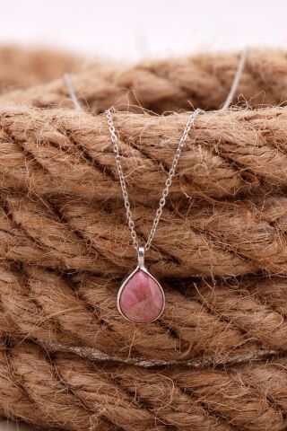 Doğal Rodonit Taşlı Damla Mini Rodyumlu Gümüş Kolye 7733