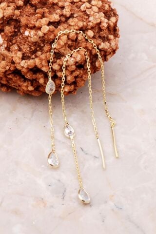 Damla Taşlı Altın Yaldızlı Gümüş Zincir Küpe 5210