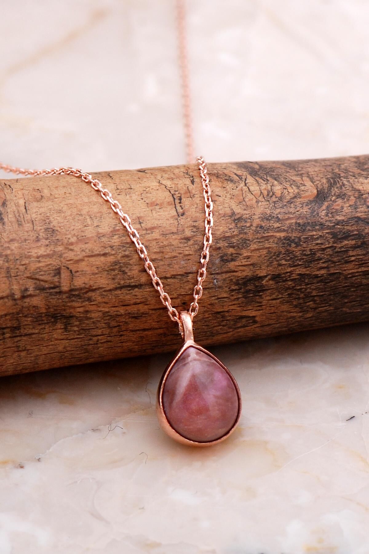 Doğal Rodonit Taşlı Damla Mini Rose Gümüş Kolye 7734