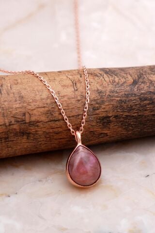 Doğal Rodonit Taşlı Damla Mini Rose Gümüş Kolye 7734