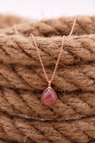 Doğal Rodonit Taşlı Damla Mini Rose Gümüş Kolye 7734