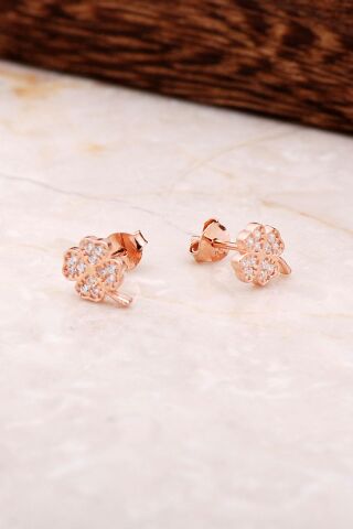 Dört Yapraklı Yonca Rose Gümüş Küpe 4787