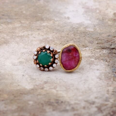 Yakut  Ve Zümrüt  Taşlı Elişi Tasarım Gümüş Yüzük  2209