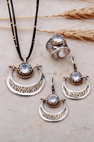 Kuvars Taşlı Testi Tasarım Elişi 925 Ayar Gümüş Set 1969