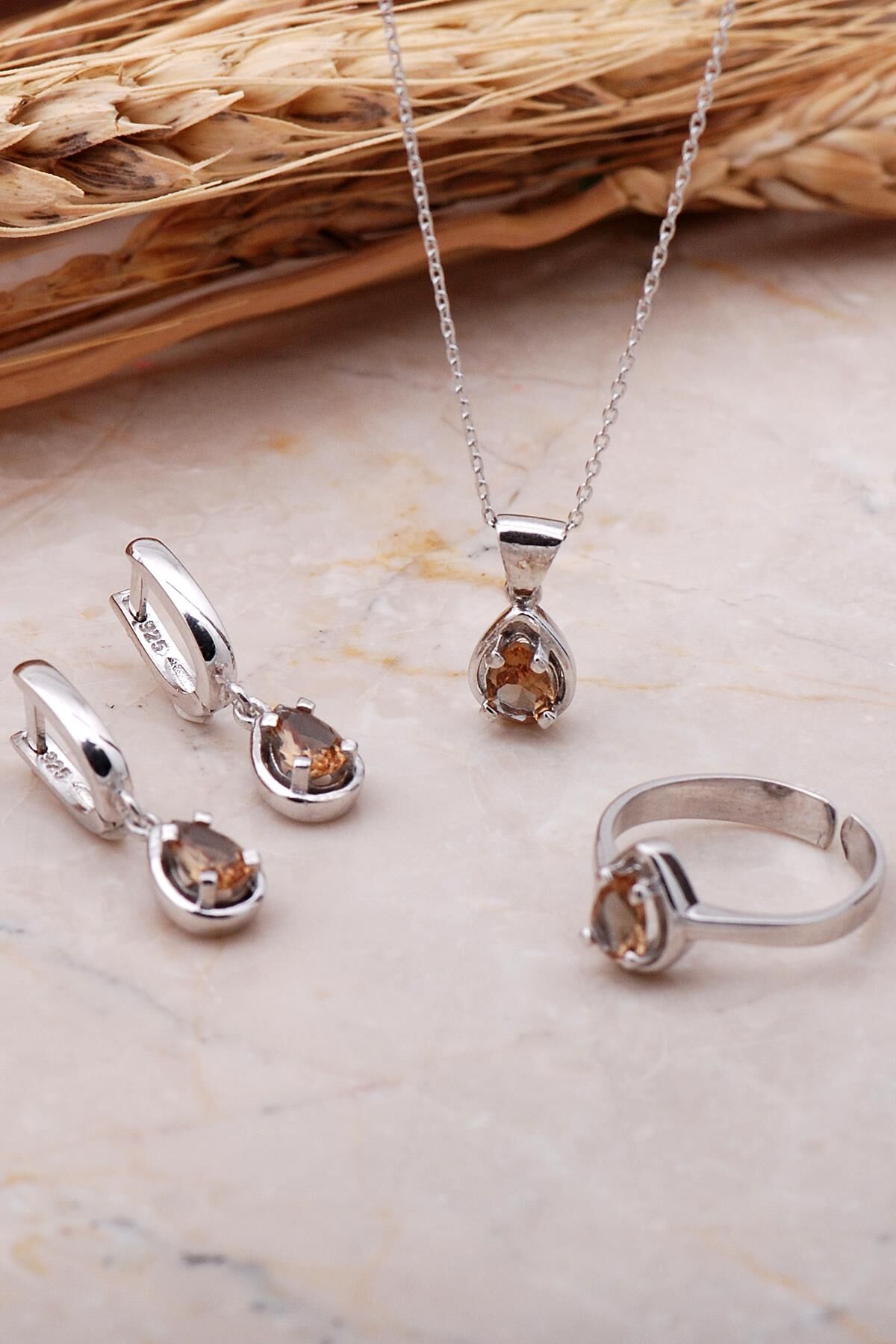 Sultan Taşlı Rodyumlu Damla Gümüş Set 2347