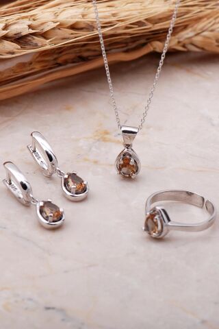 Sultan Taşlı Rodyumlu Damla Gümüş Set 2347