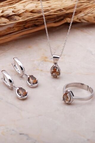 Sultan Taşlı Rodyumlu Damla Gümüş Set 2347