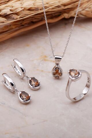 Sultan Taşlı Rodyumlu Damla Gümüş Set 2347