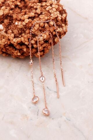Taşlı Rose Gümüş Zincir Küpe 5211