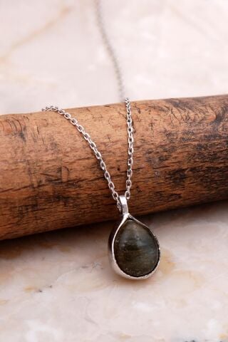 Doğal Labradorit Taşlı Damla Mini Rodyumlu Gümüş Kolye 7736