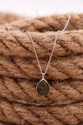 Doğal Labradorit Taşlı Damla Mini Rodyumlu Gümüş Kolye 7736