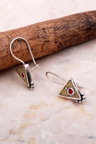 Antik Mozaik İşlemeli Sarı Kuvars Taşlı Gümüş Küpe 6084