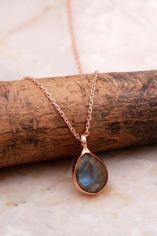 Doğal Labradorit Taşlı Damla Mini Rose Gümüş Kolye 7737