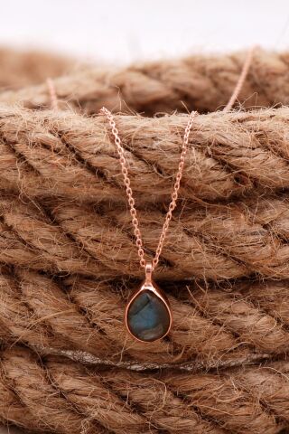 Doğal Labradorit Taşlı Damla Mini Rose Gümüş Kolye 7737